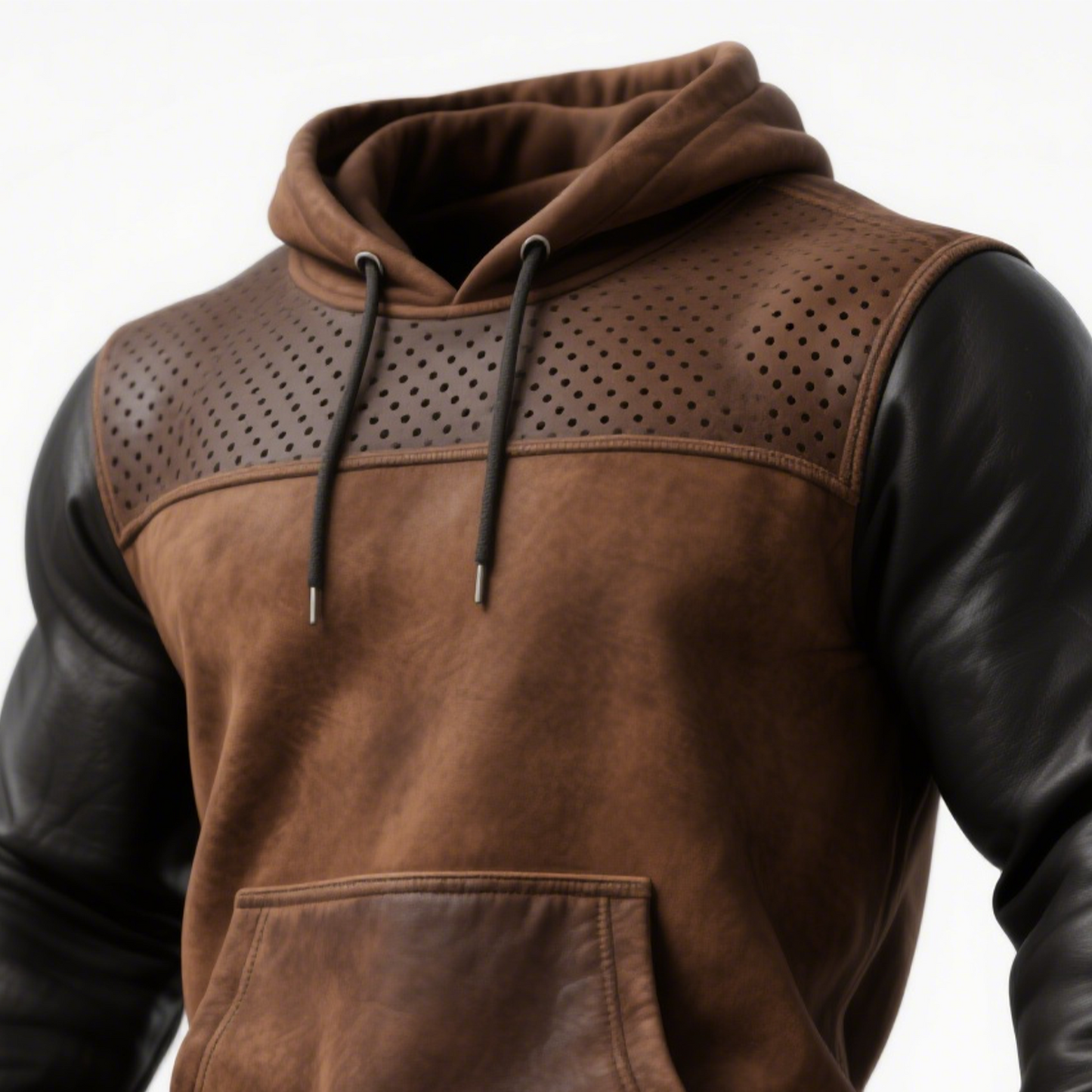 Brown Leather-Trimmed Hoodie with Perforated Details