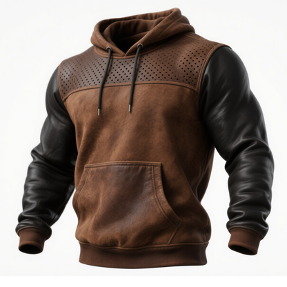 Brown Leather-Trimmed Hoodie with Perforated Details