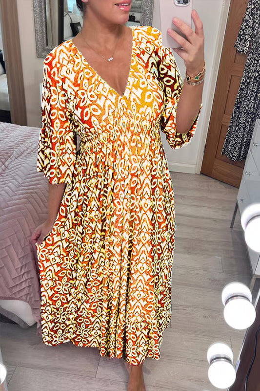 Casual Bohemian Long Dress with Print, V-Neck, Waist Tie