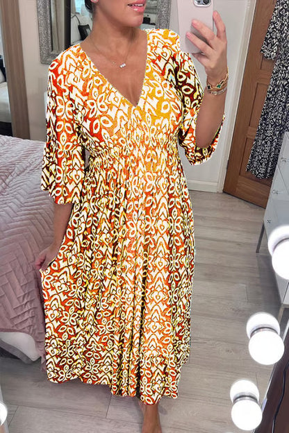 Casual Bohemian Long Dress with Print, V-Neck, Waist Tie
