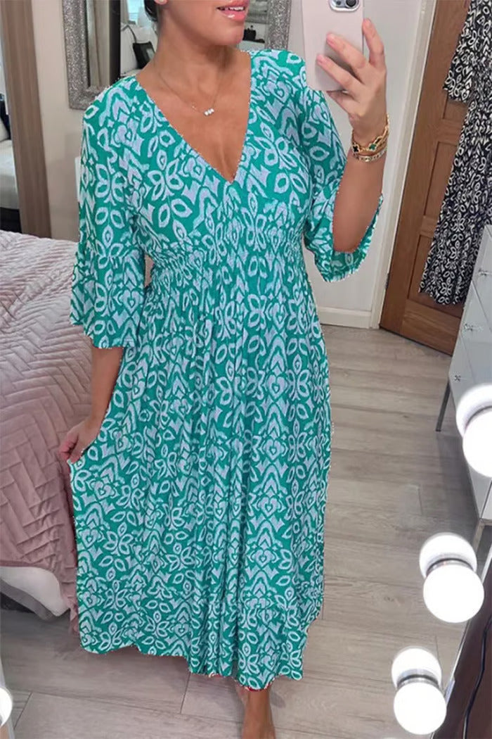 Casual Bohemian Long Dress with Print, V-Neck, Waist Tie
