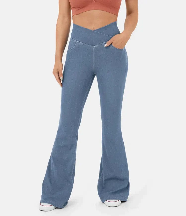 High-Waisted Crossover Flare Jeans