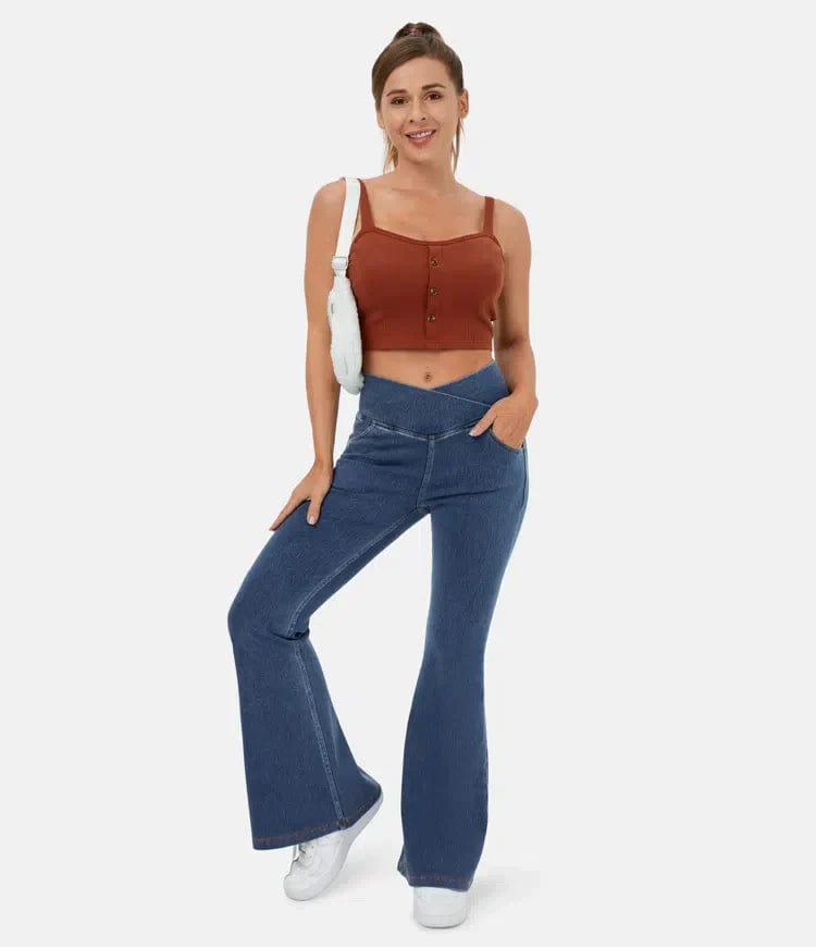 High-Waisted Crossover Flare Jeans
