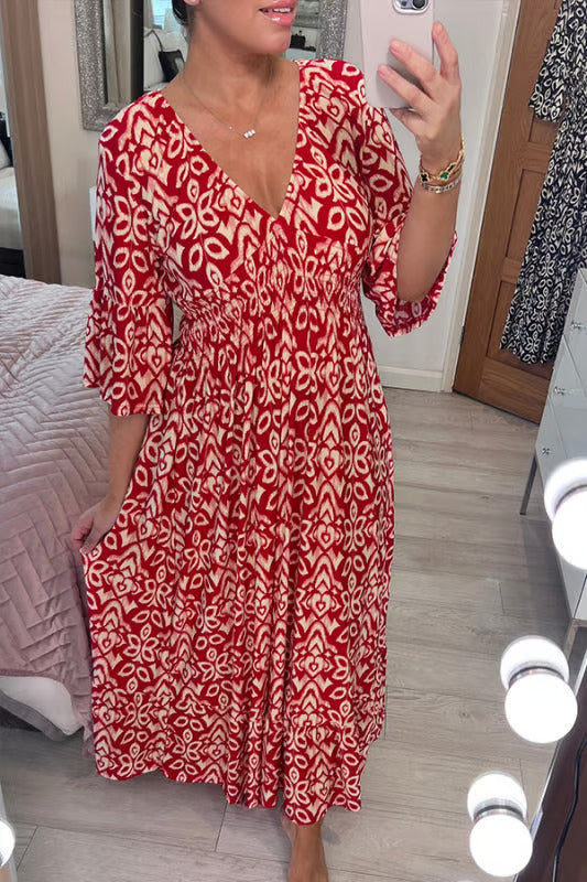 Casual Bohemian Long Dress with Print, V-Neck, Waist Tie