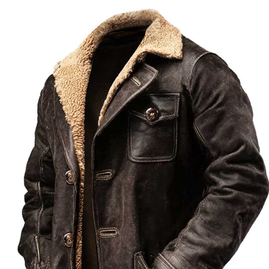 Men's Vintage Dark Brown Suede Leather Faux Fur Jacket Shearling Coat