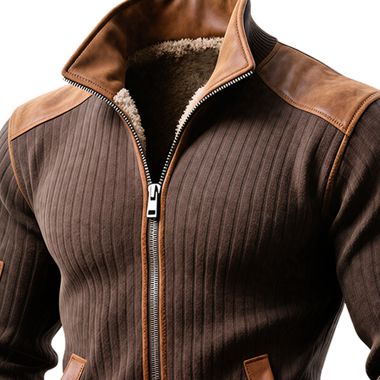 Brown Ribbed Zip-Up Jacket With Leather Accents